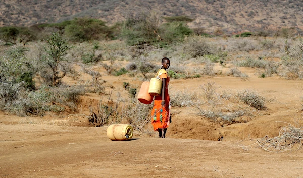 A Samburu woman fetches water during a drought in Loolkuniyani Primary School, Samburu County, Kenya, Oct. 16, 2022. (AP)