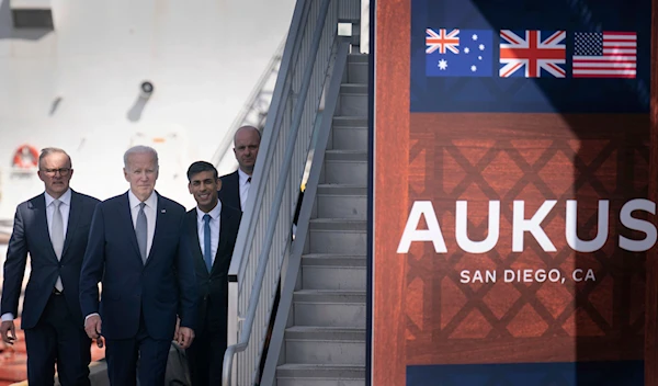 Britain's Prime Minister Rishi Sunak, second right, walks during a meeting with U.S. President Joe Biden and Australian Prime Minister Anthony Albanese in San Diego, on March 13, 2023 (AP)