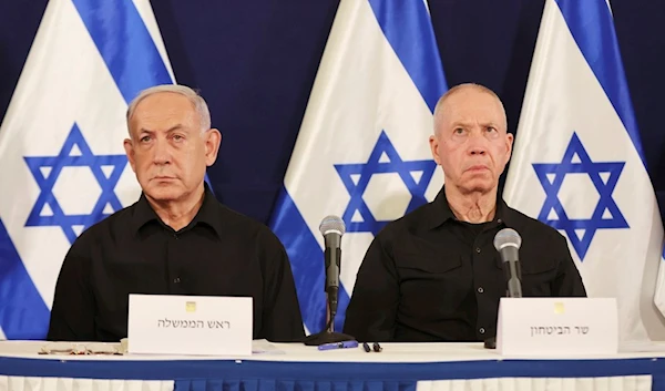 Israeli Prime Minister Benjamin Netanyahu and Defense Minister Yoav Gallant attend a press conference, "Israel", Saturday, Oct. 28, 2023 (AP)