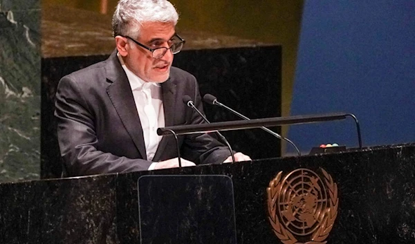 Iran's United Nations Ambassador Amir Saeid Iravani address the U.N. General Assembly on Feb. 23,2023 (AP)