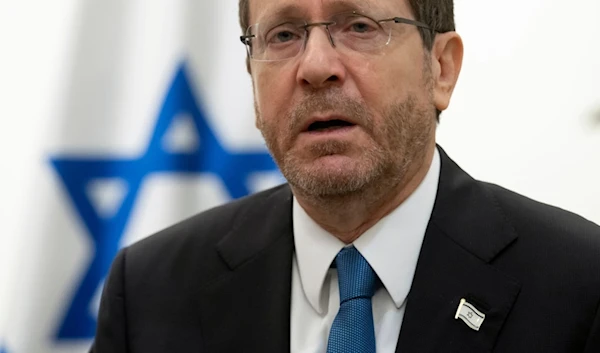 Israeli occupation President Isaac Herzog speaks during a meeting with US Secretary of State Antony Blinken, in 'Tel Aviv', occupied Palestine, Thursday, Nov. 30, 2023. (AP)