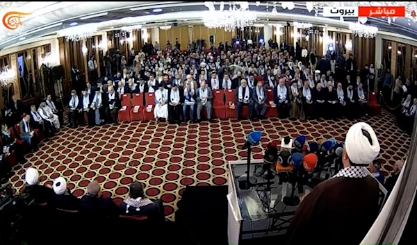 An Islamic Radio and Television Union meeting in support of the journalists afflicted by the Israeli occupation's aggression in Beirut, Lebanon, December 6, 2023 (Al Mayadeen screengrab)