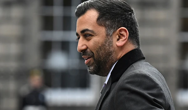 Scotland's first minister and Scottish National Party (SNP) leader Humza Yousaf arrives at St Giles' Cathedral in Edinburgh, Scotland, Wednesday July 5, 2023. (AP)