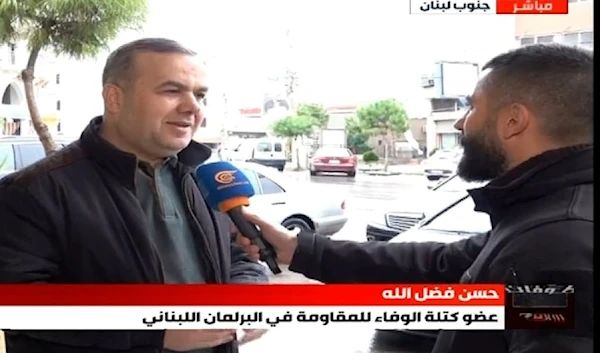 A screen grab for a Member of Hezbollah's parliamentary bloc Loyalty to the Resistance MP Hassan Fadlallah in an interview with Al Mayadeen