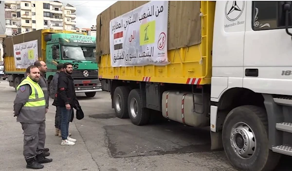 Hezbollah aid convoy, named Rahma, departs Lebanon to Syria to assist in the aftermath of the devastating earthquake on February 12, 2023 (Exclusive).