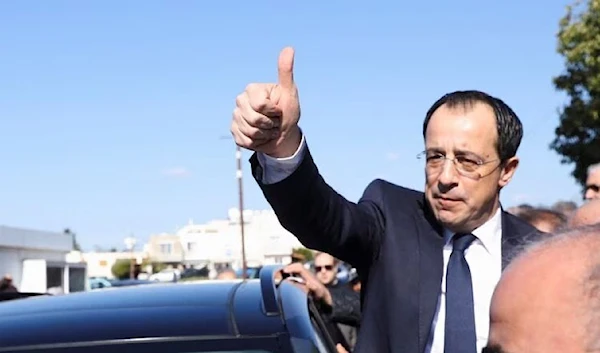 Presidential candidate Nikos Christodoulides gestures outside a polling station during the second round of the presidential election in Geroskipou near Paphos, Cyprus, February 12, 2023 (Reuters).