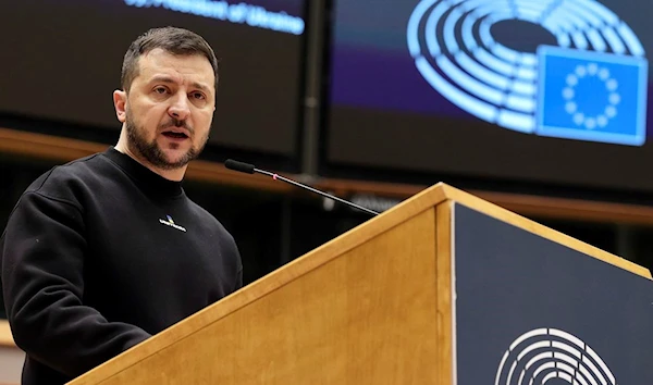 Ukraine's President Volodymyr Zelensky delivers his speech at the European Parliament in Brussels, Belgium, on Thursday. Ukraine's President Volodymyr Zelensky delivers his speech at the European Parliament in Brussels, Belgium February 9, 2023 (AP).