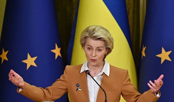 President of the European Commission Ursula von der Leyen speaks during a joint press conference with Ukrainian President in Kyiv on February 2, 2023. (AFP)