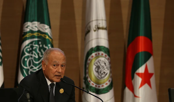 Arab League Secretary-General Ahmed Aboul Gheit speaks during the closing ceremony of the Arab League summit, in Algiers, Algeria, November 2, 2022 (AP Photo)