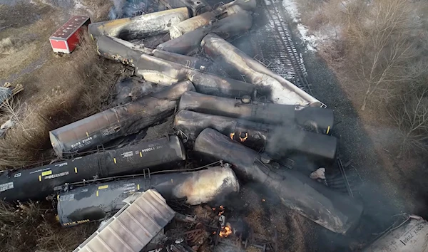 Drone footage shows the freight train derailment in East Palestine, Ohio, U.S., February 6, 2023 in this screengrab obtained from a handout video released by the NTSB. (REUTERS)