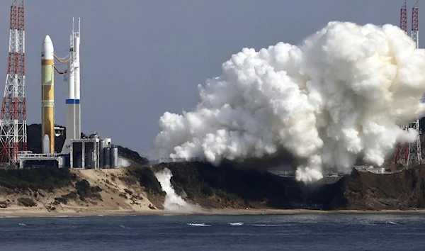 An H3 rocket sits on the launch pad at Tanegashima Space Center in Kagoshima, southern Japan Friday, Feb. 17, 2023. (AP)