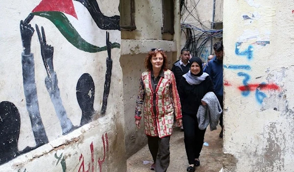 Actress Susan Sarandon during her trip to the Burj Al-Barajneh Palestinian refugee camp in Beirut in March 2019 (Reuters)