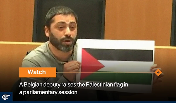 A Belgian deputy raises the Palestinian flag in a parliamentary session