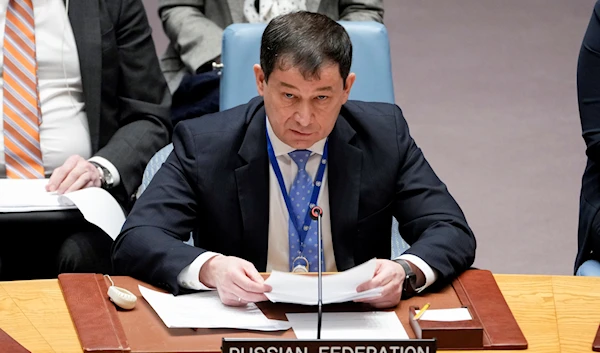 Dmitry Polyanskiy, Russia's First Deputy Permanent Representative to the United Nations, speaks during a Security Council meeting on the maintenance of peace and security of Ukraine, February 6, 2023 (AP Photo)