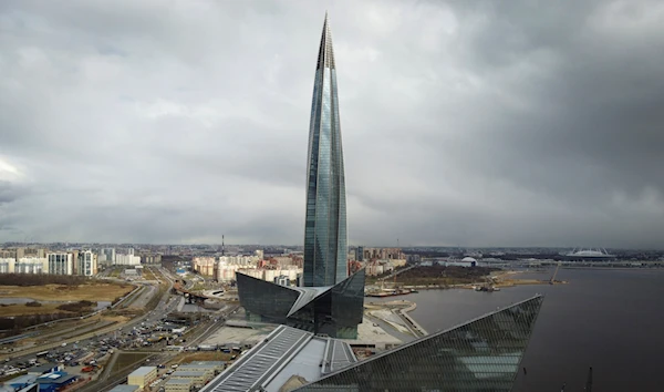 A view of the business tower Lakhta Centre, the headquarters of Russian gas monopoly Gazprom in St. Petersburg, Russia, April 27, 2022 (AP Photo/Dmitri Lovetsky, File)