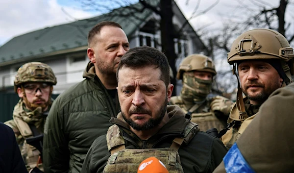 Ukrainian president Volodymyr Zelensky during a visit to Bucha, Ukraine, April 4, 2022 (AFP)