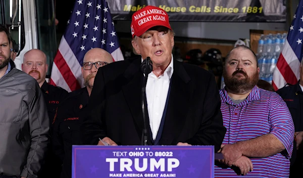 Former President Donald Trump speaks at the East Palestine Fire Department as he visits the area in the aftermath of the Norfolk Southern train derailment Feb. 3 in East Palestine, Ohio, Wednesday, Feb. 22, 2023 (AP Photo/Matt Freed)