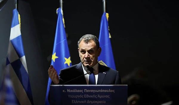 Greek Defense Minister Nikos Panagiotopoulos speaks in Athens, Greece, March 24, 2022 (Reuters)