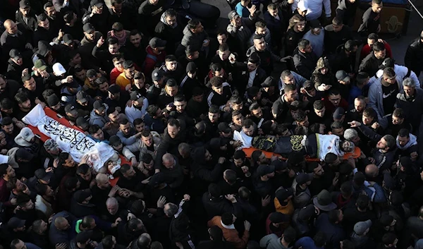 Thousands of mourners bid farewell to the 11 Palestinians martyred by the lsraeli occupation forces, February 23, 2023. (Twitter)