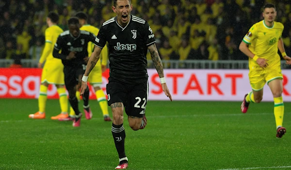 Juventus' Angel Di Maria reacts after scoring his side opening goal during their during the Europa League play-off second leg soccer match between Nantes and Juventus FC at the La Beaujoire stadium, Thursday, Feb.23, 2023 in Nantes, western France (AP).