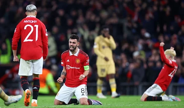 Soccer Football - Europa League - Play-Off Second Leg - Manchester United v FC Barcelona - Old Trafford, Manchester, Britain - February 23, 2023 Manchester United's Bruno Fernandes celebrates after the match (Reuters)