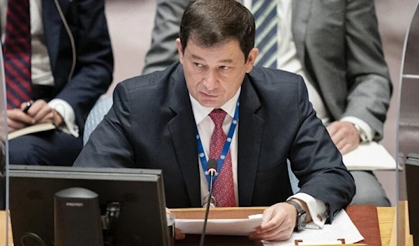 First Deputy permanent representative of Russia to the United Nations, Dmitry Polyanskiy, speaks during a meeting of the 76th UN General Assembly on September 23, 2021 in New York. (AFP)