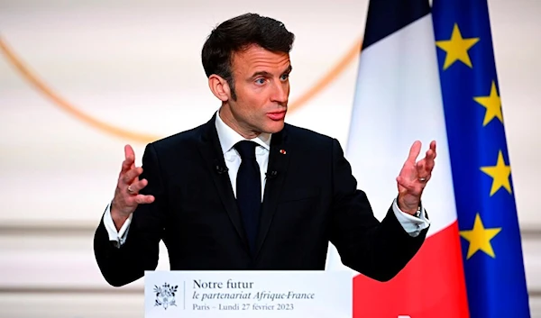 French President Emmanuel Macron delivers a speech ahead of his visit in Central Africa, at the Elysee Palace in Paris, Monday, Feb. 27, 2023 ( Stefano Rellandini, Pool via AP)