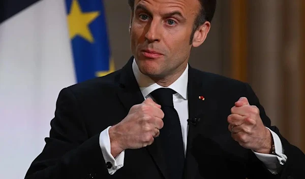 French President Emmanuel Macron delivers a speech ahead of his visit in Central Africa, at the Elysee Palace in Paris, Monday, Feb. 27, 2023. (AP)