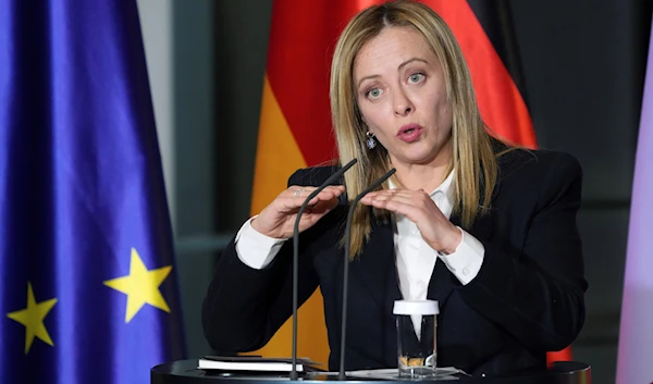 Prime Minister of Italy, Giorgia Meloni, addresses the media during a joint press conference with German Chancellor Olaf Scholz after a meeting at the chancellery in Berlin, Germany, Friday, February 3, 2023 (AP Photo)