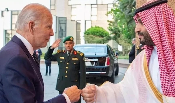 President Biden was pictured fist-bumping the Saudi crown prince before their talks, July 2022 (Reuters)