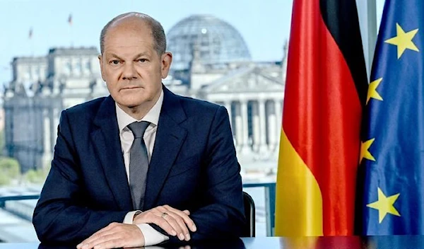 German Chancellor Olaf Scholz addressing the German nation during Victory Day, May 8, 2022 (Britta Pedersen/AFP)