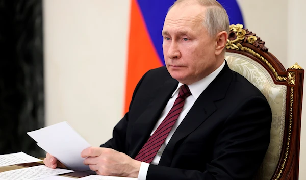 Russian President Vladimir Putin chairs a meeting of the Council for Science and Education via a video conference at the Kremlin in Moscow, Russia, February 8, 2023 (Sputnik, Kremlin Pool Photo via AP)