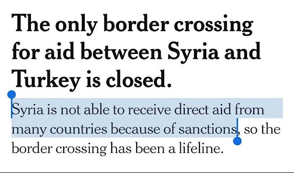 Screenshot showing the previous summary of the New York Times news article discussing the aid effort to Syria, February 7, 2023 (Social Media)