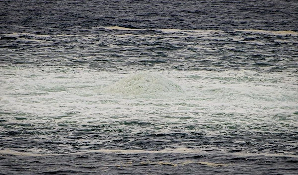 In this photo provided by the Armed Forces of Denmark, a view the disturbance in the water above the gas leak, in the Baltic Sea, Thursday, Sept. 29, 2022. (AP)