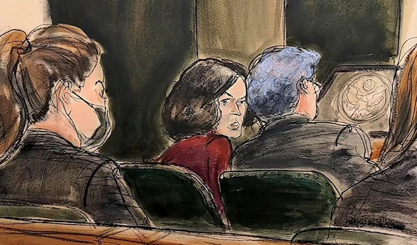 In this courtroom sketch, Ghislaine Maxwell center, confers with her defense attorney Jeffrey Pagliuca, right, before testimony begins in her sex-abuse trial, in New York, Wednesday, Dec. 8, 2021 (AP).