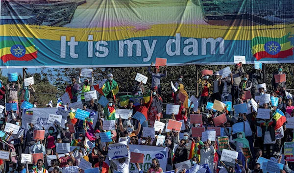 Ethiopians protest at a demonstration organized by the city mayor's office held at a stadium in the capital Addis Ababa, Ethiopia on May 30, 2021 (AP Photo)