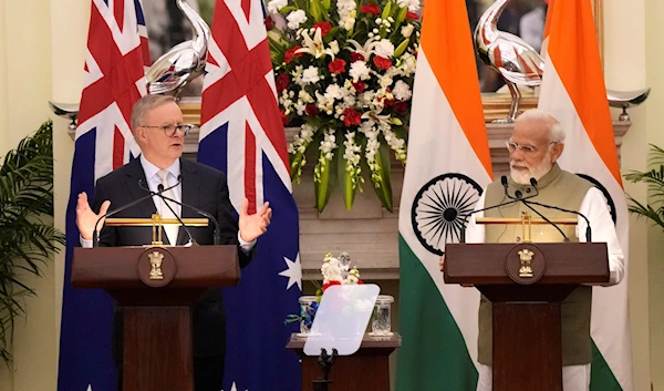 Indian Prime Minister Narendra Modi watches as his Australian counterpart Anthony Albanese makes a press statement, in New Delhi, India, March 10, 2023 (AP Photo)