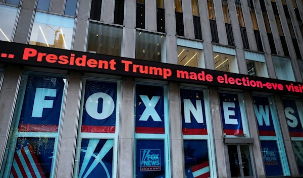 A headline about President Donald Trump is displayed outside Fox News studios in New York on Nov. 28, 2018 (AP Photo/Mark Lennihan, File)