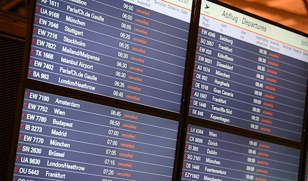 A photo of the flight times screen with all flights canceled at an airport in Germany on March 13, 2023 (AP)