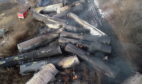 Drone footage shows the freight train derailment in East Palestine, Ohio, U.S., February 6, 2023 in this screengrab obtained from a handout video released by the NTSB. (Reuters)