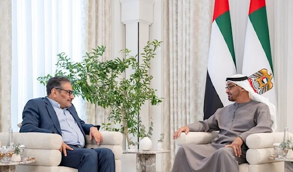 The UAE’s President Sheikh Mohamed bin Zayed Al-Nahyan receives Iran’s Supreme National Security Council secretary Ali Shamkhani in Abu Dhabi. (WAM)