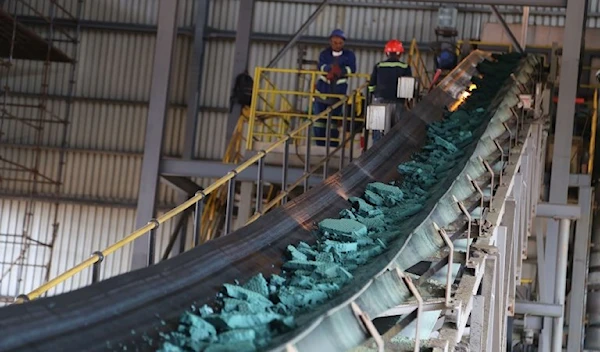 A conveyor belt carries chunks of cobalt at a plant in Lubumbashi, Democratic Republic of the Congo, on Feb. 16, 2018.(AFP)