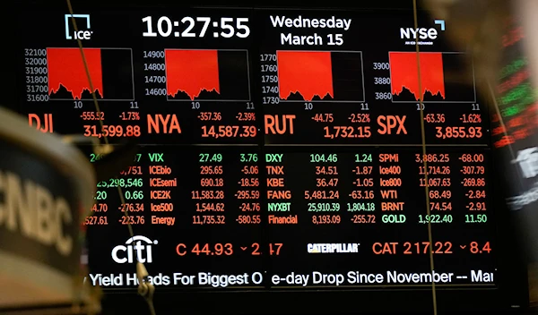 A display shows most indicators down on the floor at the New York Stock Exchange in New York, Wednesday, March 15, 2023 (AP Photo/Seth Wenig)