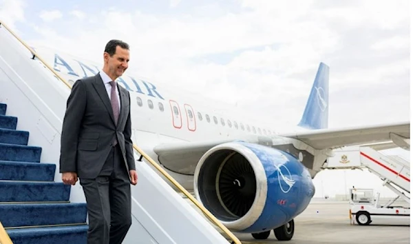 Syria's President Bashar al-Assad arrives at the Presidential Airport in Abu Dhabi, United Arab Emirates March 19, 2023. (REUTERS)