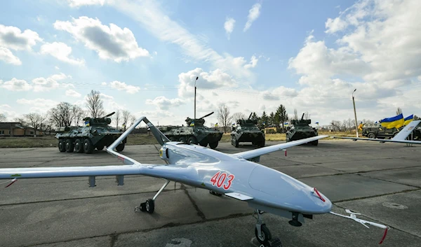 A Bayraktar TB2 drone before a test flight at the Hmelnitski military base in Ukraine on March 20, 2019. Press Office of the President of Ukraine / Mykola Lararenko / Handout/Anadolu Agency/Getty Images