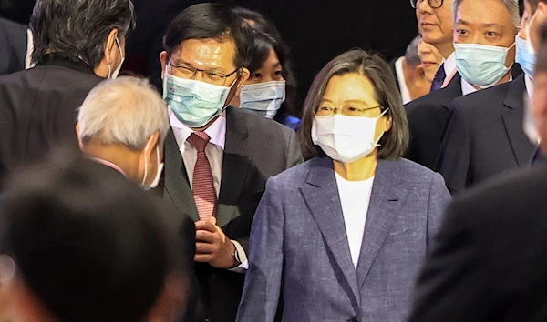 Taiwan's President Tsai Ing-wen, second from right, and other senior Taiwanese officials greet foreign diplomats during the 2023 Spring Banquet held by the Taiwan Ministry of Foreign Affairs in Taipei, Taiwan, Friday, March 17, 2023 (AP).