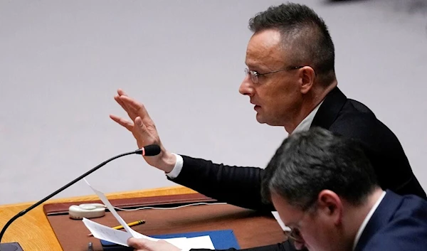 Hungarian Foreign Minister Peter Szijjarto speaks during a Security Council meeting at United Nations headquarters, Friday, Feb. 24, 2023 (AP Photo/Seth Wenig)