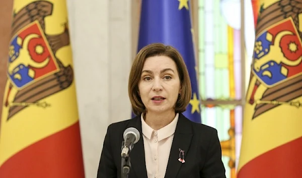 Moldovan President Maia Sandu annnounces the signing of a law changing reference to the national language to Romanian at the Moldovan parliament, photographed on March 22, 2023. (Inquam Photos)