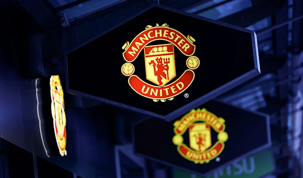 A logo of the England footbal club, Manchester United, in Davos, Switzerland in January 2023 (Bloomberg)