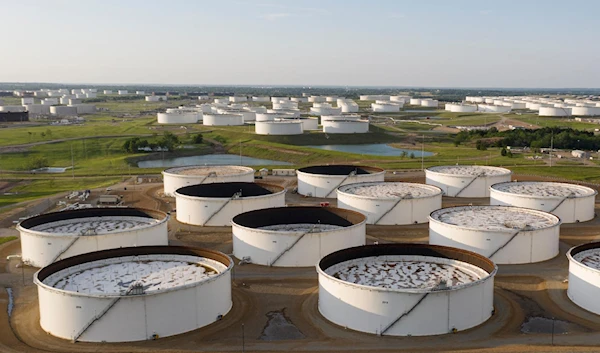 An aerial view of a crude oil storage facility is seen on May 4, 2020 in Cushing, Oklahoma. (AFP)